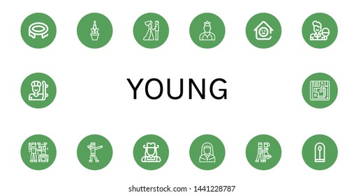 Set of young icons such as Trampoline, Plant, Couple, Dancer, Laugh room, Table tennis, Dance, Dab, Cowgirl, Nun, Foxtrot, Skater, Children , young