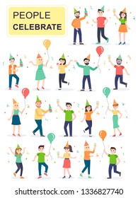 Set of young joyful laughing people jumping with raised hands. Girls and boys in holiday hats celebrate their birthday. Cartoon characters isolated on white background. Flat vector illustration.