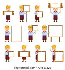 Set of young king characters posing with different wooden signboards. Cheerful medieval prince holding sign, banner, pointing to whiteboard. Flat style vector illustration