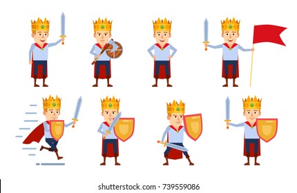 Set of young king characters showing different battle actions. Medieval prince holding sword, shield, axe, running, attacking and showing other actions. Flat style vector illustration