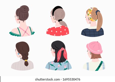 Set of young ladies with various Haircuts and accessories. Look from behind. Rear view. Women dressed in different clothes. Heads and shoulders. Beauty salon concept. Hand drawn Vector illustrations