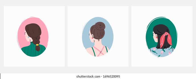 Set of young ladies with various Haircuts and accessories. Rear view. Women dressed in different clothes. Pre-made cards. Beauty salon concept. Hand drawn isolated Vector illustrations