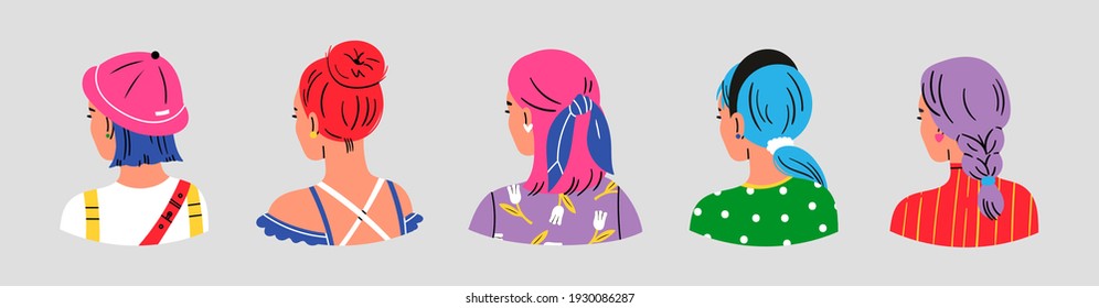 Set of young ladies with various Haircuts and accessories. Rear view. Women dressed in different clothes. Heads and shoulders. Beauty salon concept. Hand drawn Vector illustrations