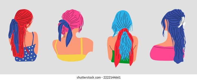 Conjunto de chicas jóvenes con varios cortes y accesorios. Vista trasera. Mujeres vestidas con ropa diferente. Cabezas y hombros. El concepto de salón de belleza. Ilustraciones de vectores dibujadas a mano
