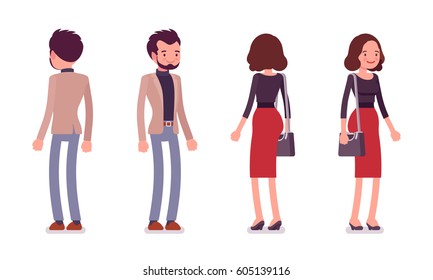 Set of young lady and gentleman in elegant smart casual wear, standing pose, holding handbag, happy and successful people, full length, front, rear view isolated, white background