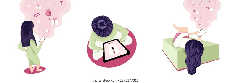 Set of young lady taking part in seasonal sales at online stores. Shopaholic people making purchases using gadgets. Big cosmetic products discounts. Vector