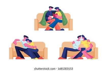 Jóvenes personajes de parejas amorosas pasan tiempo en casa sentándose en charlas de sofá, tomando té, leyendo un libro el fin de semana. El Amor Flirting Sparetime, Las Relaciones Familiares. Ilustración de vectores de personas de caricaturas