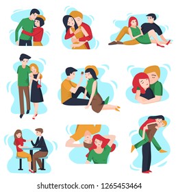 Set of young loving couples on a date, they kiss, make each other suggestions, hug, walk in the parks, sit in a cafe.