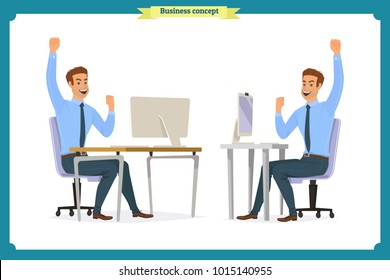 Set of young male businessman. People character with face,palm gestures,body elements.Man sitting. Body template for design work,animation.Isolated Vector on white.Business.Flat info graphic.Laughing