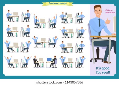 Set of young male businessman. People character with face,palm gestures,body elements.Man sitting. Body template for design work,animation.Isolated Vector on white.Business.Flat info graphic.Laughing