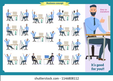 Set of young male businessman. People character with face,palm gestures,body elements.Man sitting. Body template for design work,animation.Isolated Vector on white.Business.Flat info graphic.Laughing