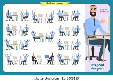 Set of young male businessman. People character with face,palm gestures,body elements.Man sitting. Body template for design work,animation.Isolated Vector on white.Business.Flat info graphic.Laughing