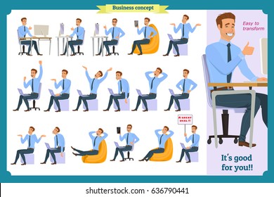 Set of young male businessman. People character with face,palm gestures,body elements.Man sitting. Body template for design work,animation.Isolated Vector on white.Business.Flat info graphic.Laughing