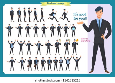 Set of young male businessman presenting in various action. People character. Standing, Man body template for design, animation work.Face,body elements.Isolated on white. Flat style.business.In suit