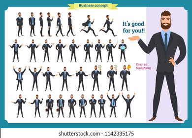 Set of young male businessman presenting in various action. People character. Standing, Man body, web page, banner,modern design .Face,body elements.Isolated on white. Flat style.business.In suit