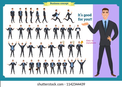 Set of young male businessman presenting in various action. People character. Standing, Man body, web page, banner,modern design .Face,body elements.Isolated on white. Flat style.business.In suit