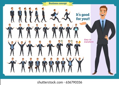 Set Of Young Male Businessman Presenting In Various Action. People Character. Standing, Man Body Template For Design, Animation Work.Face,body Elements.Isolated On White. Flat Style.business.In Suit