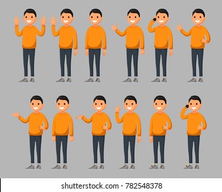 Set of a young male cartoon character in different poses. Vector illustration in a flat style