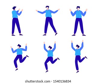 Set of young male character in different poses. Flat vector illustration