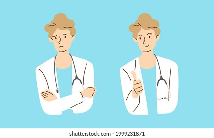 Set of young male doctor feel worry or show thumbs up. Healthcare and medical concept. Hand draw style. Vector illustration.