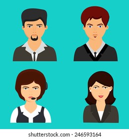 Set of young male and female business avatars on blue background.