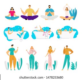 Set of Young Male and Female Characters Doing Yoga Asana Meditating on Nature, Relaxing and Dating in Bath Tube Full of Soap Foam, Gesturing on Outdoors Background. Cartoon Flat Vector Illustration