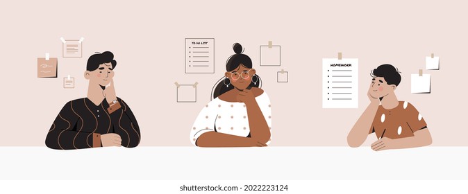 Set of young male and female characters surrounded by stickers thinking about their to-do list. Concept of procrastination, overthinking at work. Flat cartoon vector illustration