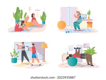 Set of young male and female characters are doing exercises at home together on white background. Men, women, families and couples doing sports at home. Vector illustration in flat cartoon style