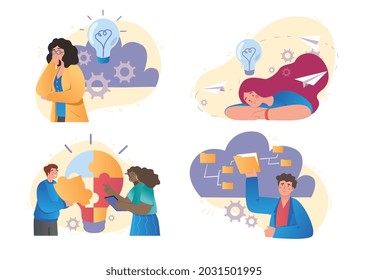 Set of young male and female characters having brain activity on white background. Concept of thinking, problem solving, brainstorming, idea and fantasy of youngsters. Flat cartoon vector illustration