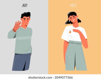 Set with young male and female characters standing and showing positive and negative emotions. Concept of contrast emotions and reactions. Flat cartoon vector illustration