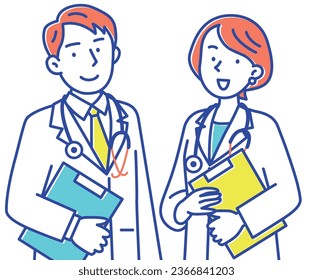 A set of young male and female doctors holding medical records and looking towards us