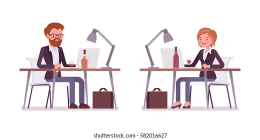 Set of young male and female manager sitting at the desk, working at the laptop, looking at screen, rear and front view, comfortable workspace, modern office, isolated against white background