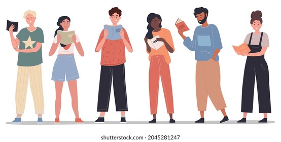 Set with young male and female students reading paper books on white background. Smiling people readers standing with open textbooks. Education, literature, knowledge. Flat cartoon vector illustration