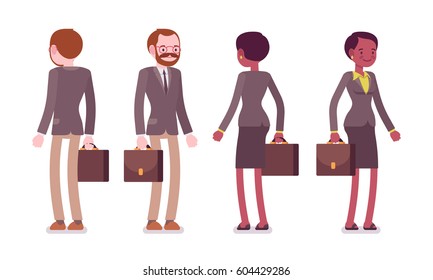 Set of young male and female teacher in a strict formal wear, standing pose, professional worker in education or training, showing enthusiasm, full length, front, rear view, isolated, white background
