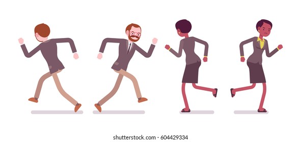 Set of young male and female teacher in a strict formal wear, running pose, escaping from work, having no motivation, bad relationships, full length, front, rear view, isolated, white background