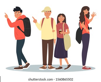 Set of young male and female travelers with backpacks, cartoon illustration isolated on white background. Vector illustration on white background in cartoon style