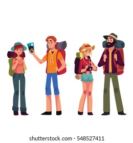 Set of young male and female travelers with backpacks, cartoon illustration isolated on white background. Boyes and girls traveling with backpacks, backpackers in airport, arriving or departing