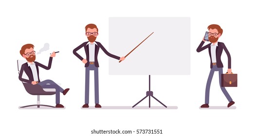 Set of young male handsome manager sitting relaxed in the armchair and vaping, pointing to the empty board, walking and talking on phone, copyspace, full length, isolated against white background