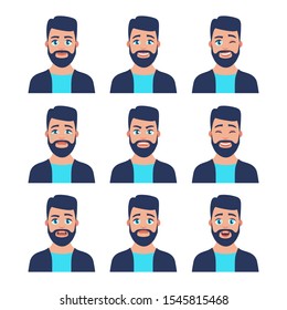 Set of young male icon with emotions in cartoon style. Man avatar profile with facial expression. Characters portraits in bright colors. Isolated vector illustration in flat design