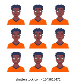 Set of young male icon with emotions in cartoon style. Man avatar profile with facial expression. African characters portraits in bright colors. Isolated vector illustration in flat design