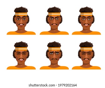 Set of young male icon with emotions in cartoon style. Man avatar profile with facial expression. African basketball player characters portraits in bright colors. Isolated vector 