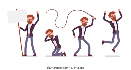 Set of young male manager expressing emotions, affective riot, crying, jumping with extreme joy, angry and punishing with whip, full length, isolated against white background