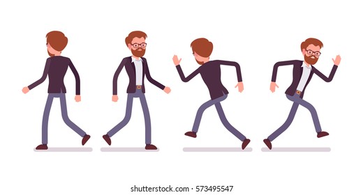 Set of young male manager in formal wear, walking and running poses, busy organizing new project, searching for profit, full length, front and rear view, isolated against white background