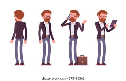 Set of young male manager in formal wear, standing poses, talking on phone, holding tablet, launching a new business, company, full length, front and rear view, isolated against white background