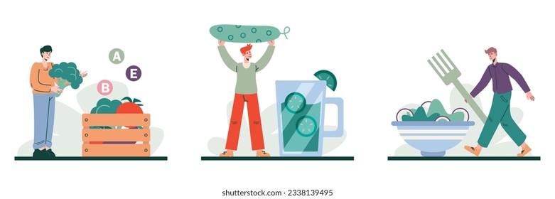 Set of young male select vegetables, prepare juice, going to eat salad. Natural good food, healthy eating concept. Tasty and healthy drink. Choose vegetables and fruits. Flat vector illustration