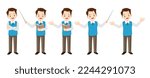 Set of young male teacher man character in teaching poses. School working professor standing and pointing near chalkboard, giving educational lessons 