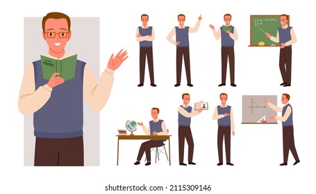 Set of young male teacher man character in teaching poses. School working professor standing and pointing near chalkboard, giving educational lessons cartoon vector illustration