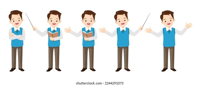 Set of young male teacher man character in teaching poses. School working professor standing and pointing near chalkboard, giving educational lessons 