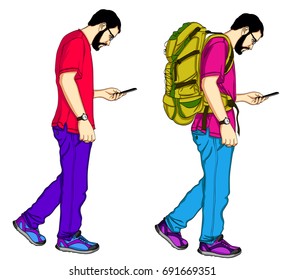 Set of young male travelers  with backpacks watching in mobile. Cartoon illustration isolated watching in mobile phone on white background. Guy traveling with backpacks and watching at mobile