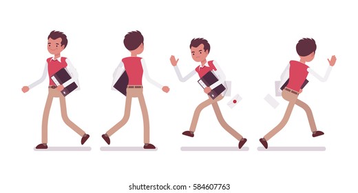 Set of young male typical office worker in a business smart casual wear, walking and running poses, delivering papers, completing task, full length, front and rear view, isolated, white background